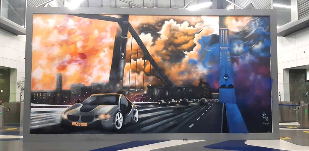 office wall art -car-mural-noida-office-art-advant-business-park