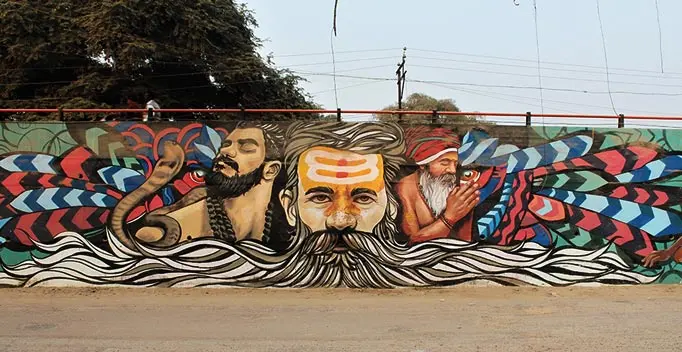 Amazing composition of sadhu mural street art work for the event kumbh mela 2 done by wicked broz artist